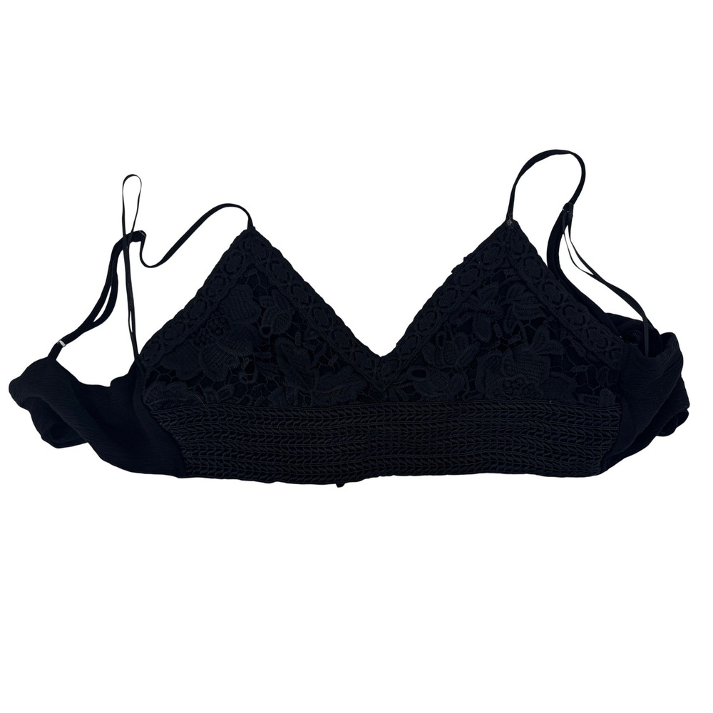 Black Lace Trimmed Crop Top Camisole Bralette Adjustable Tie Straps Medium